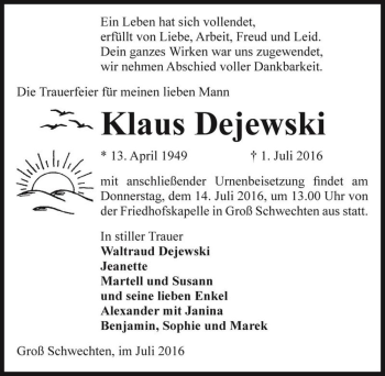 Traueranzeige von Klaus Dejewski  von Magdeburger Volksstimme