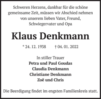 Traueranzeige von Klaus Denkmann  von Magdeburger Volksstimme