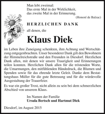 Traueranzeige von Klaus Diek  von Magdeburger Volksstimme