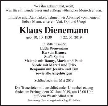 Traueranzeige von Klaus Dienemann  von Magdeburger Volksstimme