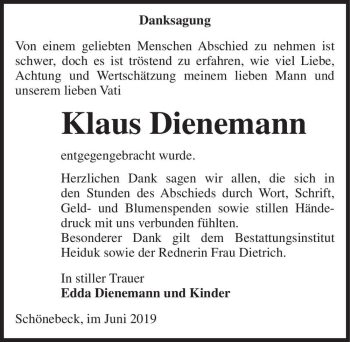 Traueranzeige von Klaus Dienemann  von Magdeburger Volksstimme