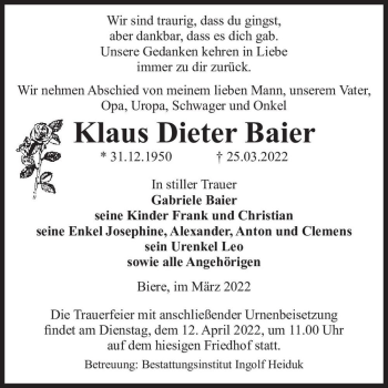 Traueranzeige von Klaus Dieter Baier  von Magdeburger Volksstimme