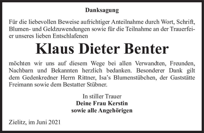 Traueranzeige für Klaus Dieter Benter  vom 03.07.2021 aus Magdeburger Volksstimme