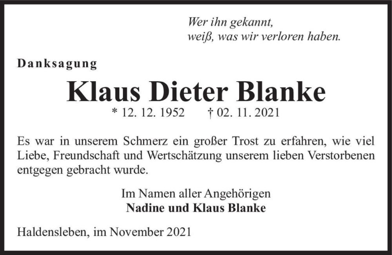  Traueranzeige für Klaus Dieter Blanke  vom 27.11.2021 aus Magdeburger Volksstimme