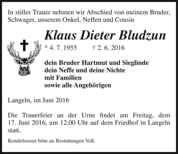 Traueranzeige von Klaus Dieter Bludzun  von Magdeburger Volksstimme