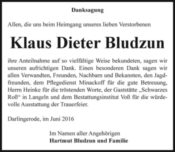 Traueranzeige von Klaus Dieter Bludzun  von Magdeburger Volksstimme
