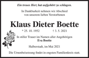 Traueranzeige von Klaus Dieter Boette  von Magdeburger Volksstimme