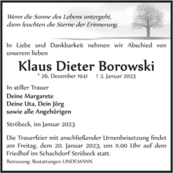 Traueranzeige von Klaus Dieter Borowski  von Magdeburger Volksstimme