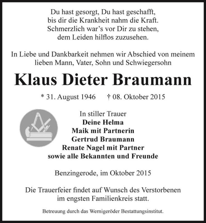  Traueranzeige für Klaus Dieter Braumann  vom 13.10.2015 aus Magdeburger Volksstimme
