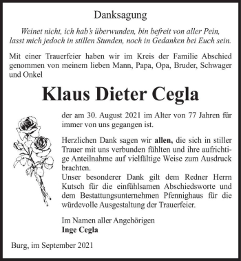 Traueranzeige von Klaus Dieter Cegla  von Magdeburger Volksstimme