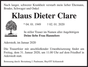 Traueranzeige von Klaus Dieter Clare  von Magdeburger Volksstimme