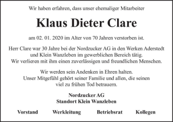 Traueranzeige von Klaus Dieter Clare  von Magdeburger Volksstimme