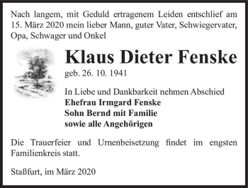 Traueranzeige von Klaus Dieter Fenske  von Magdeburger Volksstimme