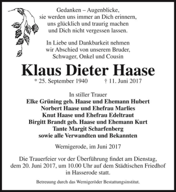 Traueranzeige von Klaus Dieter Haase  von Magdeburger Volksstimme