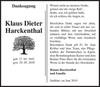 Traueranzeige von Klaus Dieter Harckenthal  von Magdeburger Volksstimme