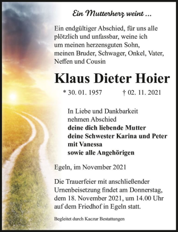 Traueranzeige von Klaus Dieter Hoier  von Magdeburger Volksstimme