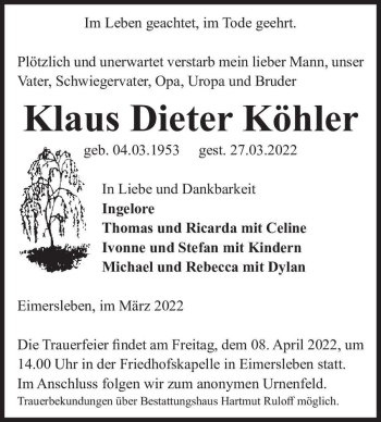Traueranzeige von Klaus Dieter Köhler  von Magdeburger Volksstimme