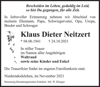 Traueranzeige von Klaus Dieter Neitzert  von Magdeburger Volksstimme