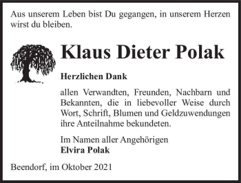 Traueranzeige von Klaus Dieter Polak  von Magdeburger Volksstimme