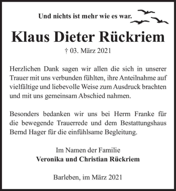 Traueranzeige von Klaus Dieter Rückriem  von Magdeburger Volksstimme