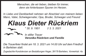 Traueranzeige von Klaus Dieter Rückriem  von Magdeburger Volksstimme