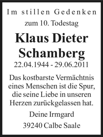 Traueranzeige von Klaus Dieter Schamberg  von Magdeburger Volksstimme