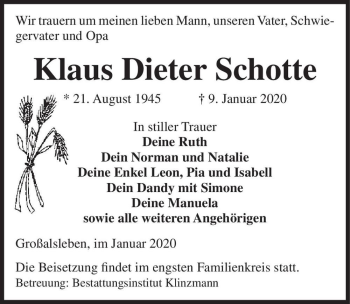 Traueranzeige von Klaus Dieter Schotte  von Magdeburger Volksstimme