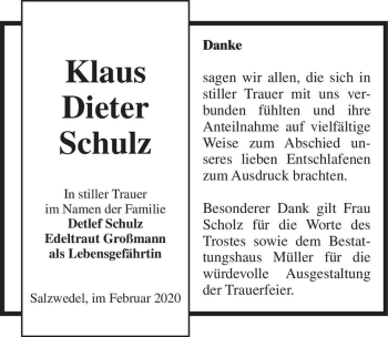 Traueranzeige von Klaus Dieter Schulz  von Magdeburger Volksstimme