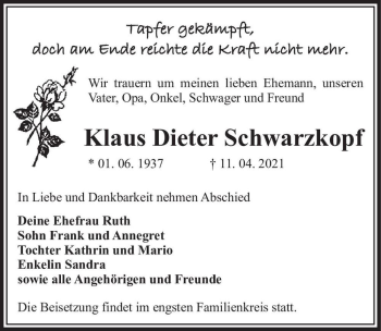 Traueranzeige von Klaus Dieter Schwarzkopf  von Magdeburger Volksstimme