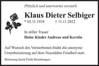 Traueranzeige von Klaus Dieter Selbiger  von Magdeburger Volksstimme