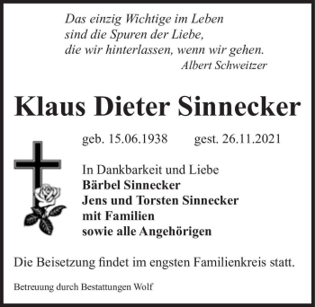 Traueranzeige von Klaus Dieter Sinnecker  von Magdeburger Volksstimme