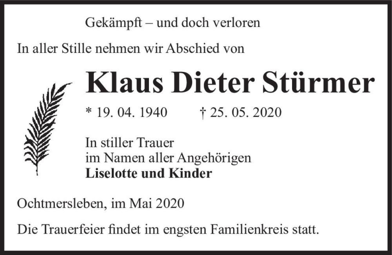  Traueranzeige für Klaus Dieter Stürmer  vom 30.05.2020 aus Magdeburger Volksstimme