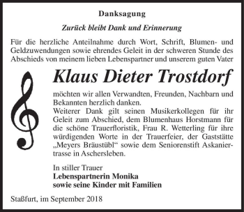 Traueranzeige von Klaus Dieter Trostdorf  von Magdeburger Volksstimme