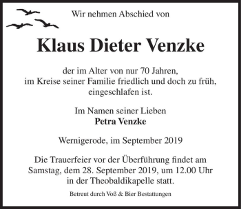 Traueranzeige von Klaus Dieter Venske  von Magdeburger Volksstimme