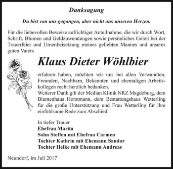 Traueranzeige von Klaus Dieter Wöhlbier  von Magdeburger Volksstimme