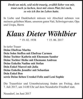 Traueranzeige von Klaus Dieter Wöhlbier  von Magdeburger Volksstimme