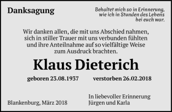 Traueranzeige von Klaus Dieterich  von Magdeburger Volksstimme