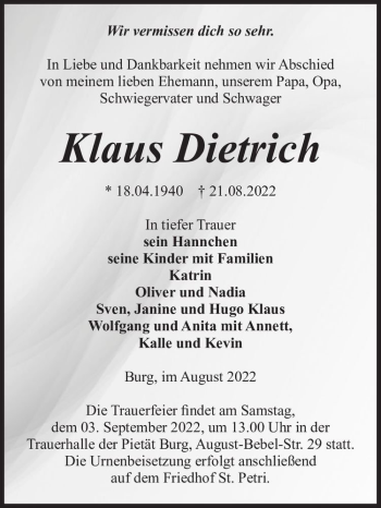 Traueranzeige von Klaus Dietrich  von Magdeburger Volksstimme