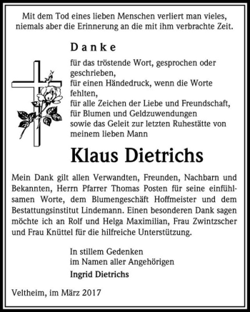Traueranzeige von Klaus Dietrichs  von Magdeburger Volksstimme