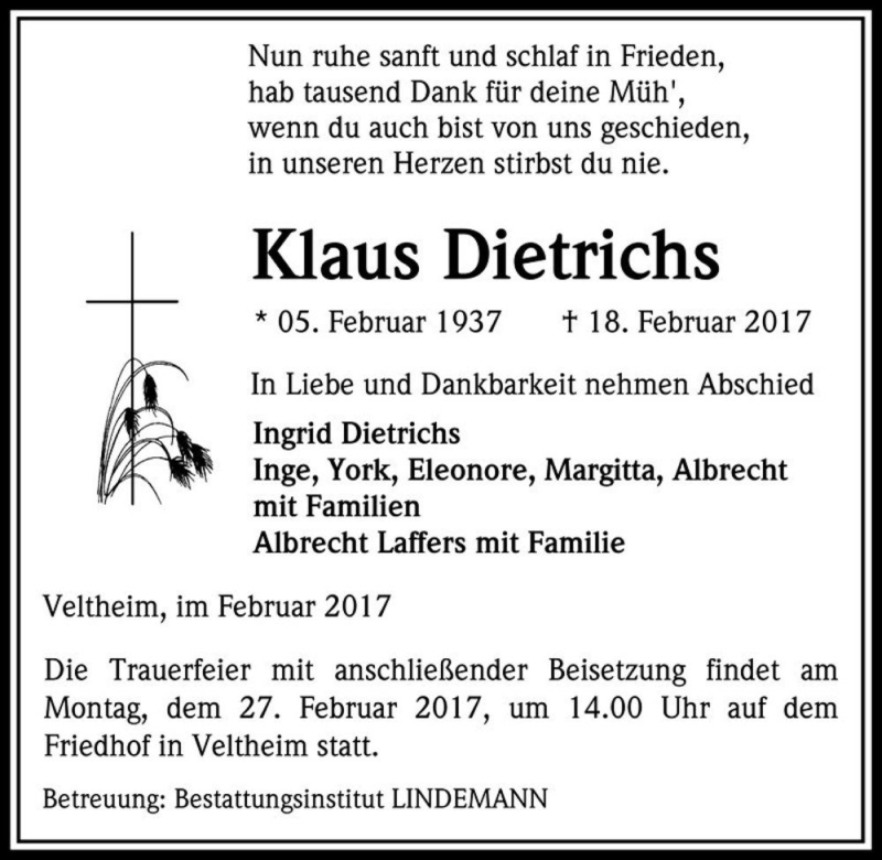  Traueranzeige für Klaus Dietrichs  vom 23.02.2017 aus Magdeburger Volksstimme