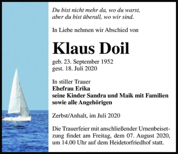 Traueranzeige von Klaus Doil  von Magdeburger Volksstimme
