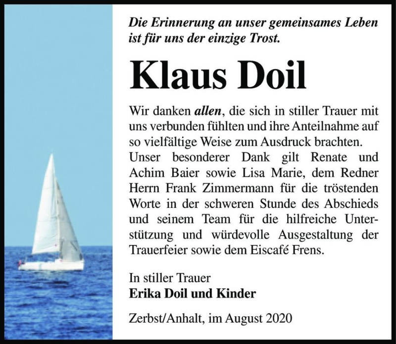  Traueranzeige für Klaus Doil  vom 15.08.2020 aus Magdeburger Volksstimme