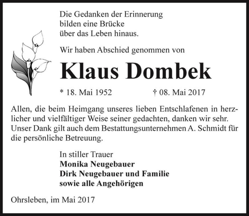  Traueranzeige für Klaus Dombek  vom 31.05.2017 aus Magdeburger Volksstimme