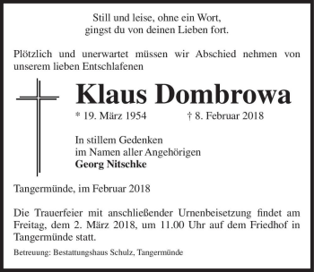 Traueranzeige von Klaus Dombrowa  von Magdeburger Volksstimme