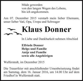 Traueranzeige von Klaus Donner  von Magdeburger Volksstimme