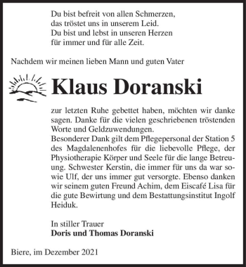 Traueranzeige von Klaus Doranski  von Magdeburger Volksstimme