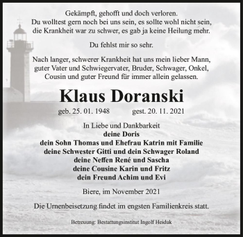 Traueranzeige von Klaus Doranski  von Magdeburger Volksstimme