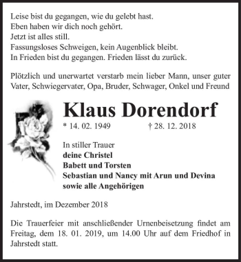 Traueranzeige von Klaus Dorendorf  von Magdeburger Volksstimme