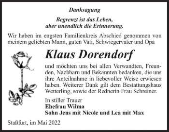 Traueranzeige von Klaus Dorendorf  von Magdeburger Volksstimme