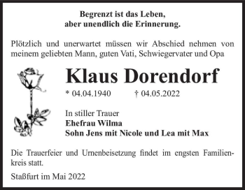 Traueranzeige von Klaus Dorendorf  von Magdeburger Volksstimme